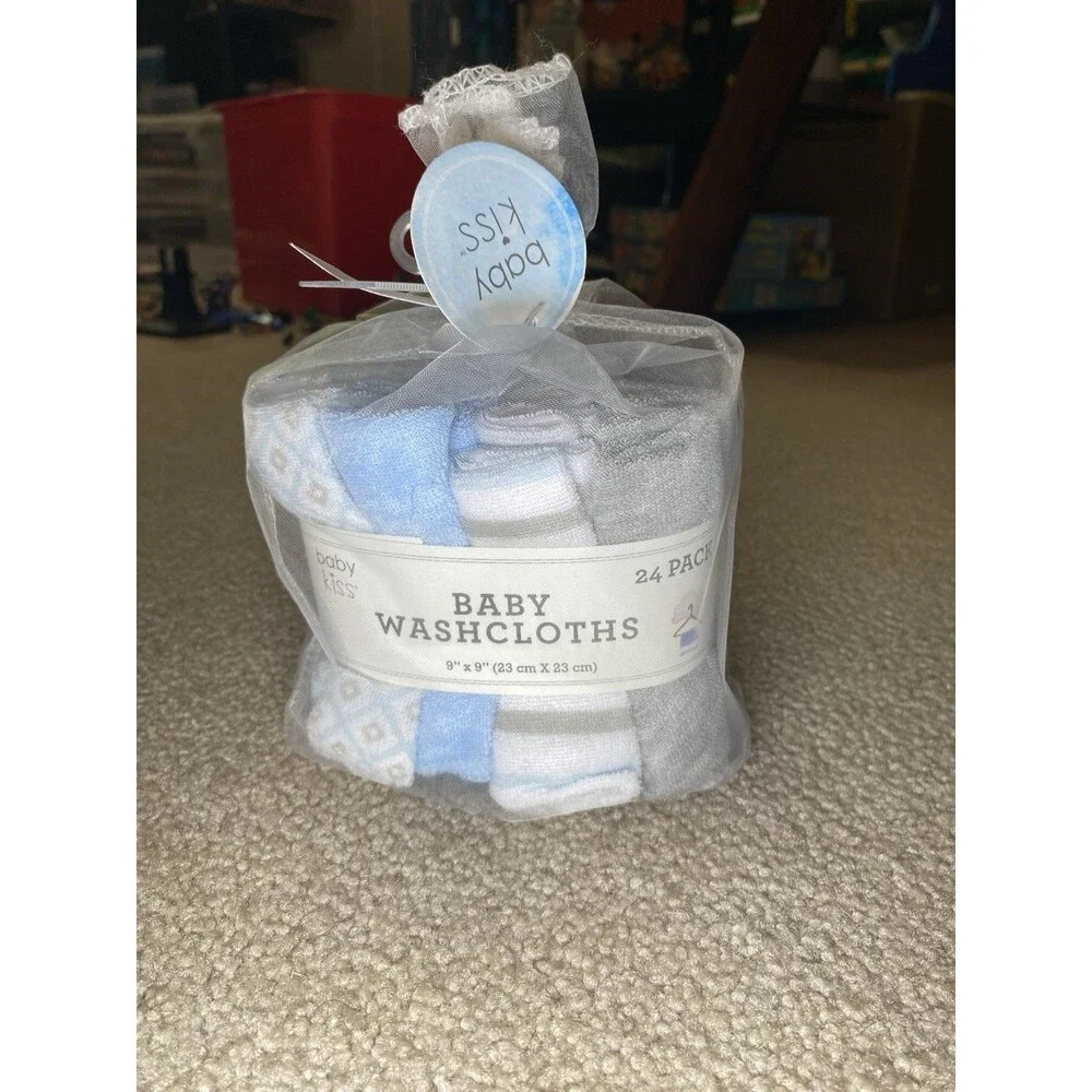 New Baby Kiss 24 Pack Baby Washcloths 9x9 Blue Gray Striped Geometric